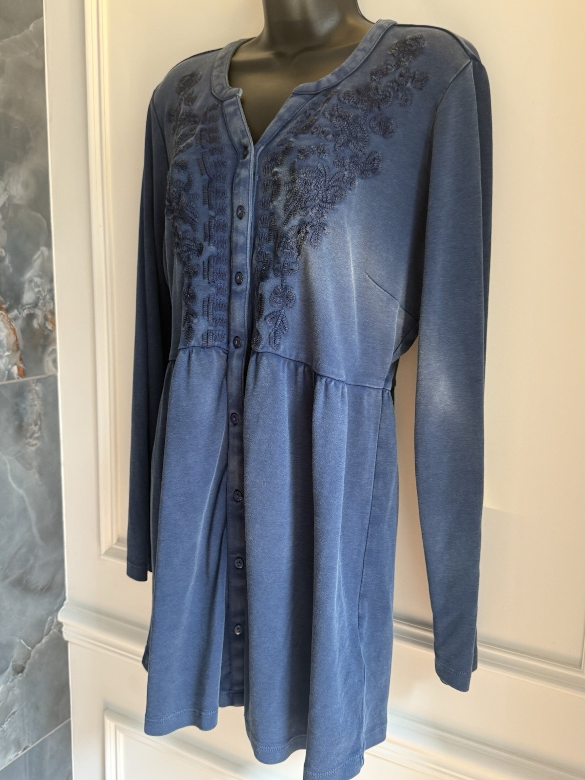 Joe Browns Blue Embroidered Button Front Jersey Dress Boho UK 16 Long Sleeve