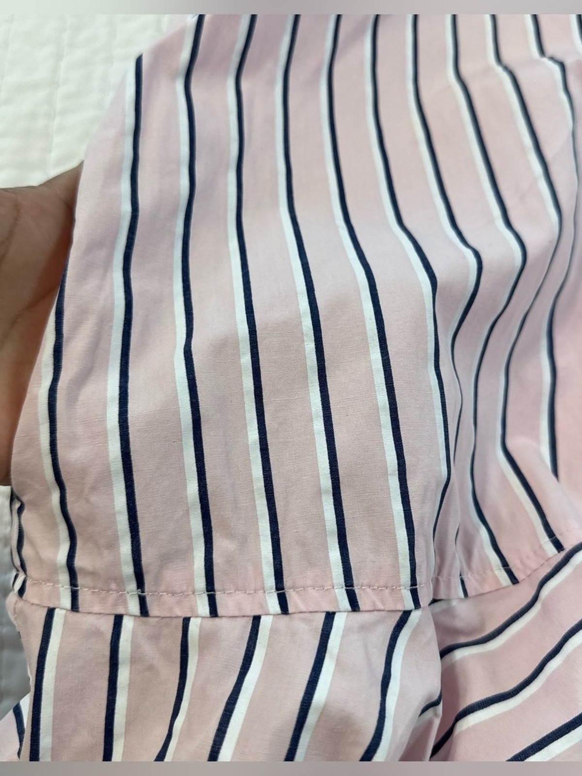 Entro Pink White and Navy Parker Striped Ruffle-Hem Mini Shirt Dress Size S