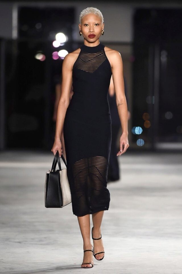 CUSHNIE ET OCHS Dark Navy Halter Mock Neck Stretch Knit Sheer Midi Dress S = 4/6