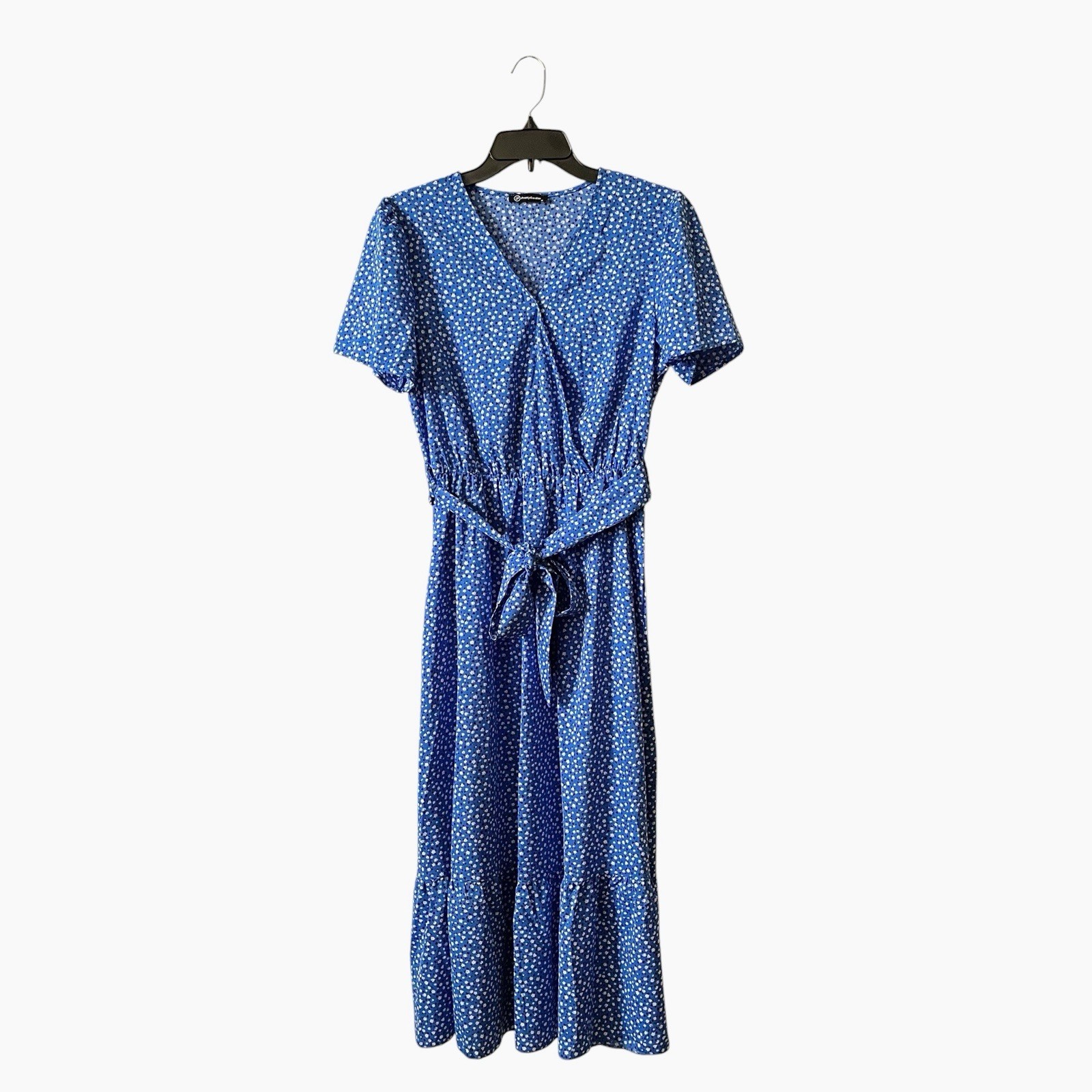 Pretty Garden Floral Wrap Midi Dress Women’s Size M Blue V-Neck Belted Ruffle