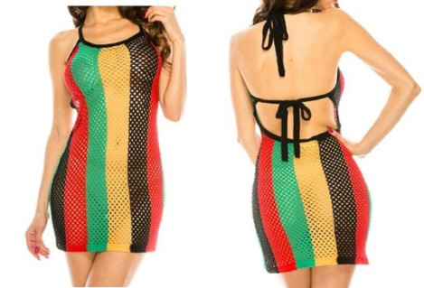 SM Rasta Rihanna Mini Backless Hot Dress 100% Cotton Girl Women Jamaican String