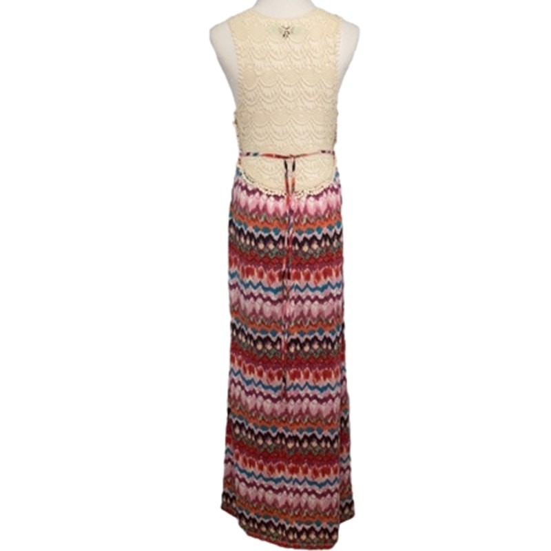 Karlie Red Maxi Dress Medium Multicolor Crochet Open Back Boho Festival Chevron