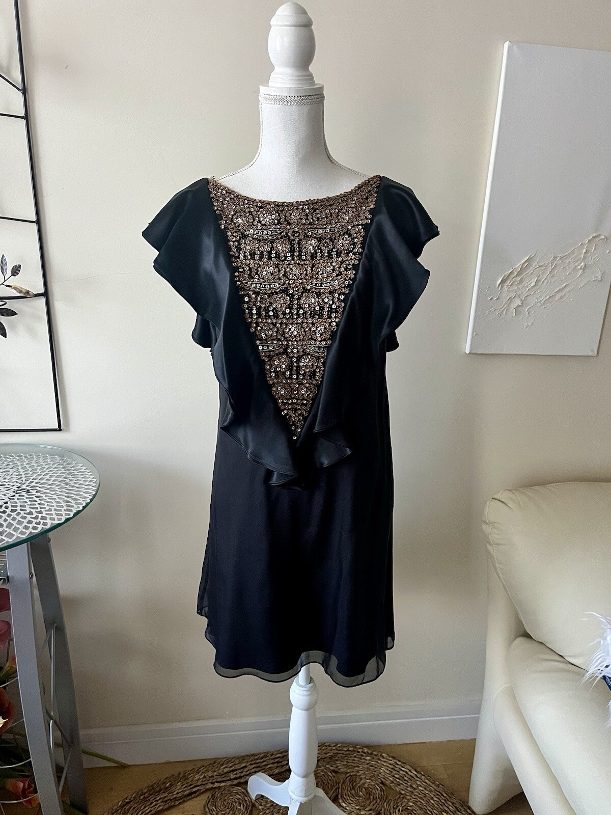 Alice + Olivia Vintage Black Silk Beaded Ruffle Mini Cocktail Dress sz Small EUC