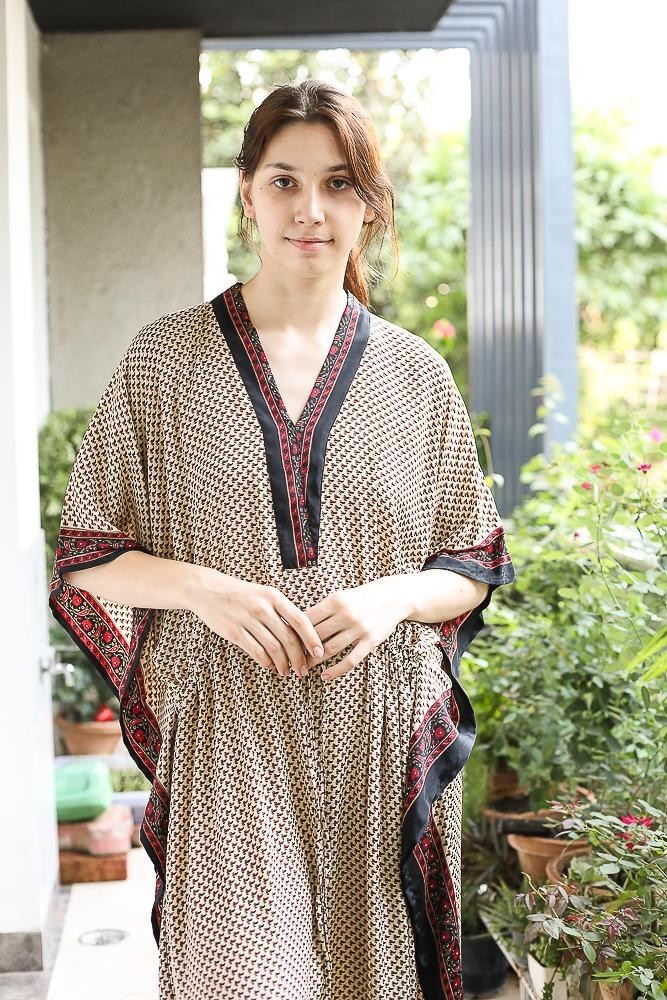 Silk Beige Kaftan / Handmade Flowy Maxi Dress / Resort Wear Outfit PS MFN1023