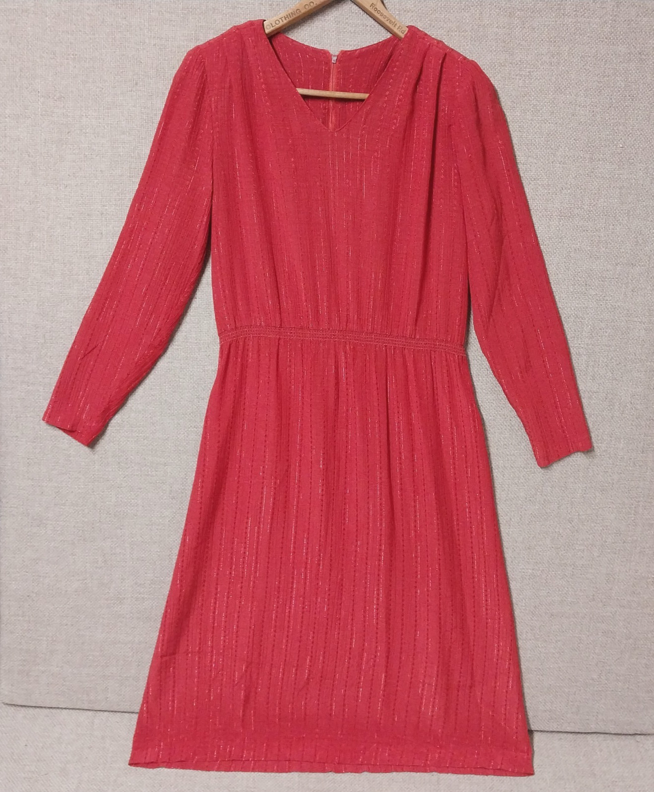Vintage 1980s Red Plum Stripe Embroidered Midi Secretary Dress V Neck Size Small