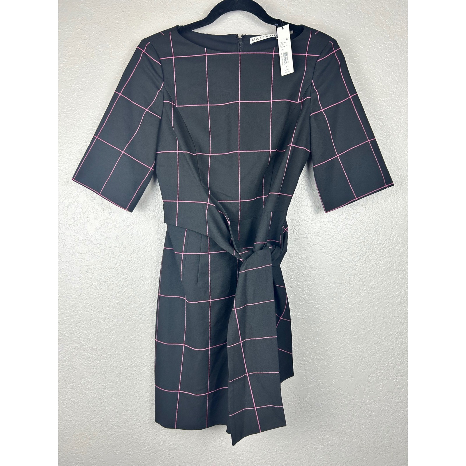 Alice + Olivia Black Pink Windowpane Tie Waist Virgil Mini Dress Size 2 NWT