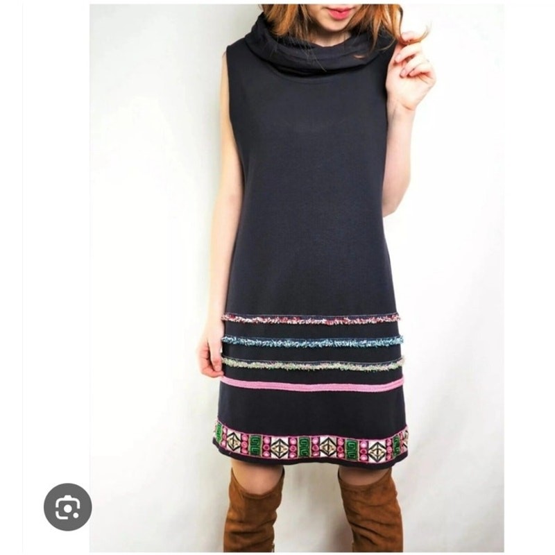 Desigual Sleeveless Jersey Shift Dress Cowl Neck Embroidered M/L Artsy Boho