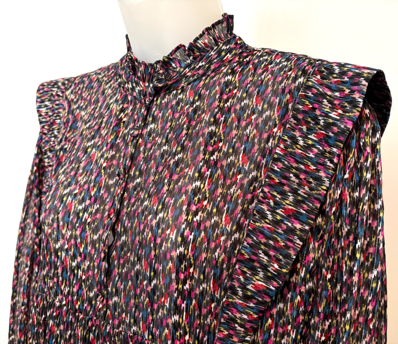 Ba&sh mini dress ikat print ruffles silk blend long sleeve size 3 US 10 Paris