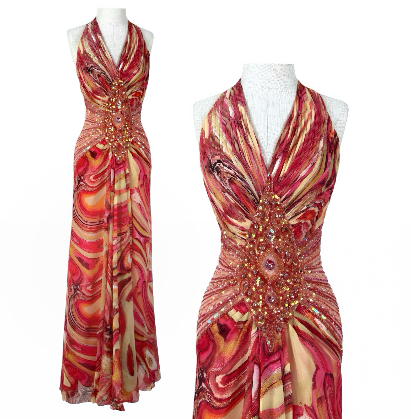 Vintage Beaded Halter Chiffon Dress Crystal Bodice Evening Gown Y2K Pink