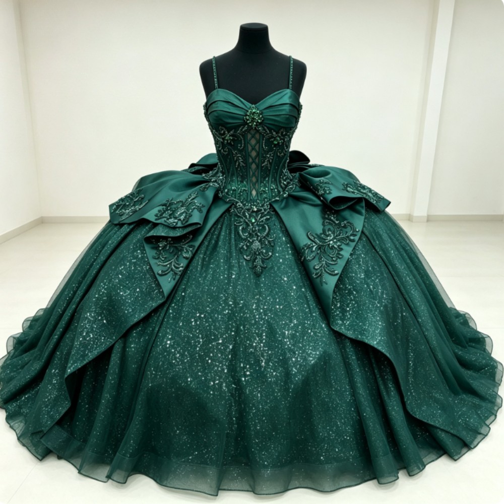 Green Spaghetti Strap Quinceanera Dress Glitter Lace Applique Sweet 16 Prom Gown