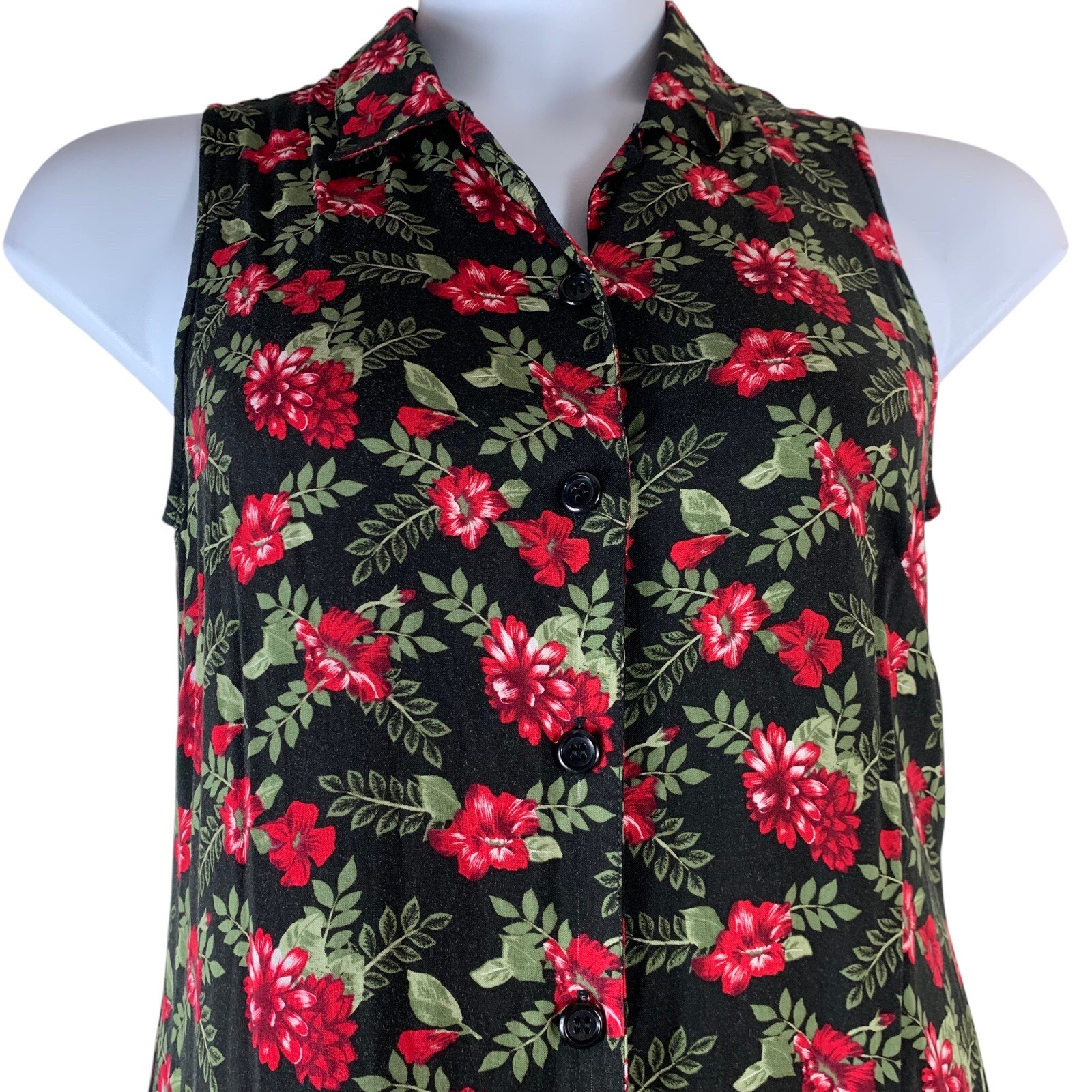 Vintage Dress Size Medium Black Red Green Sleeveless Button Up Basic Editions