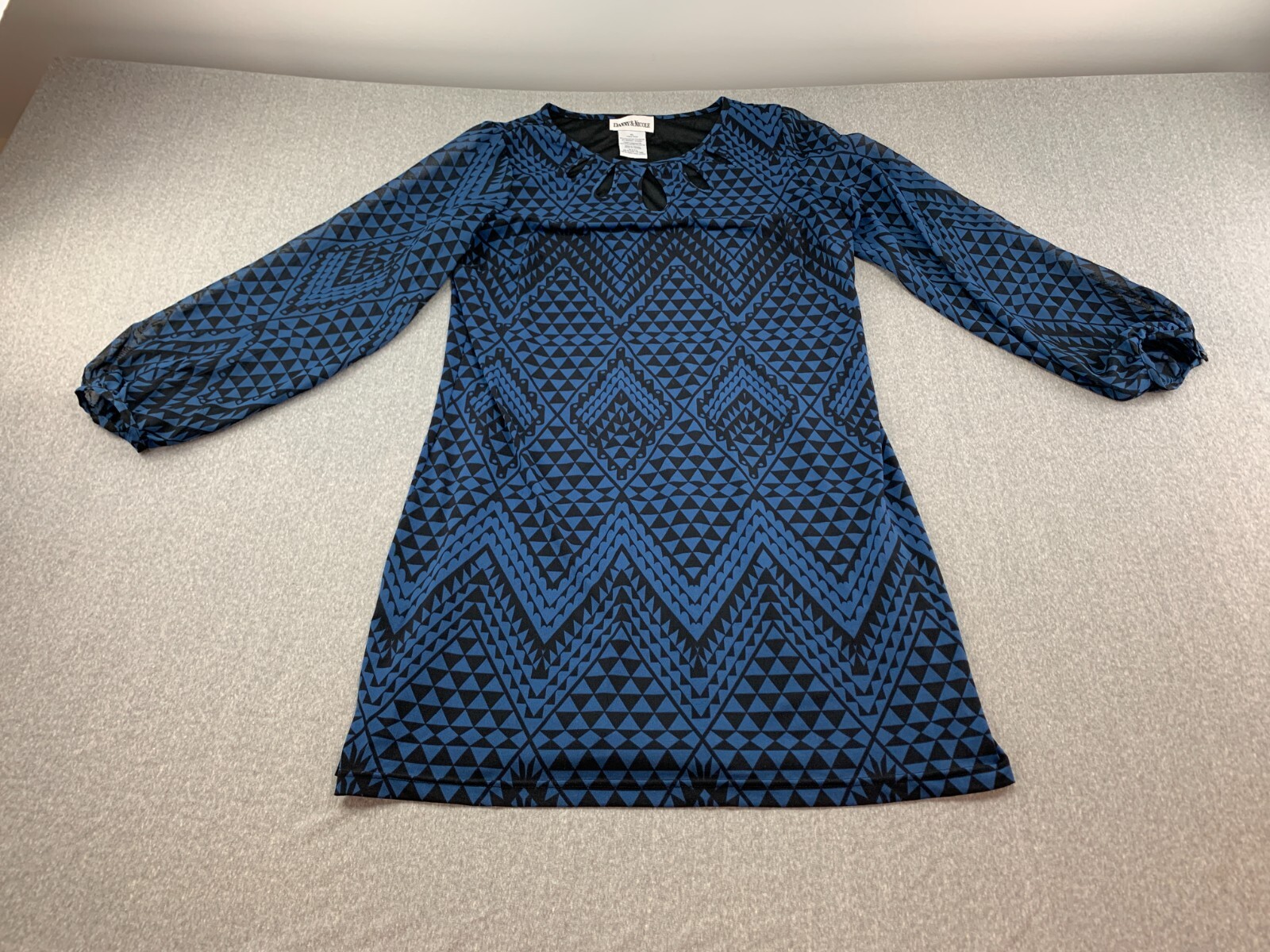 Danny & Nicole Chiffon Sheath Dress Womens Size XL Blue Geometric Sheer Sleeve