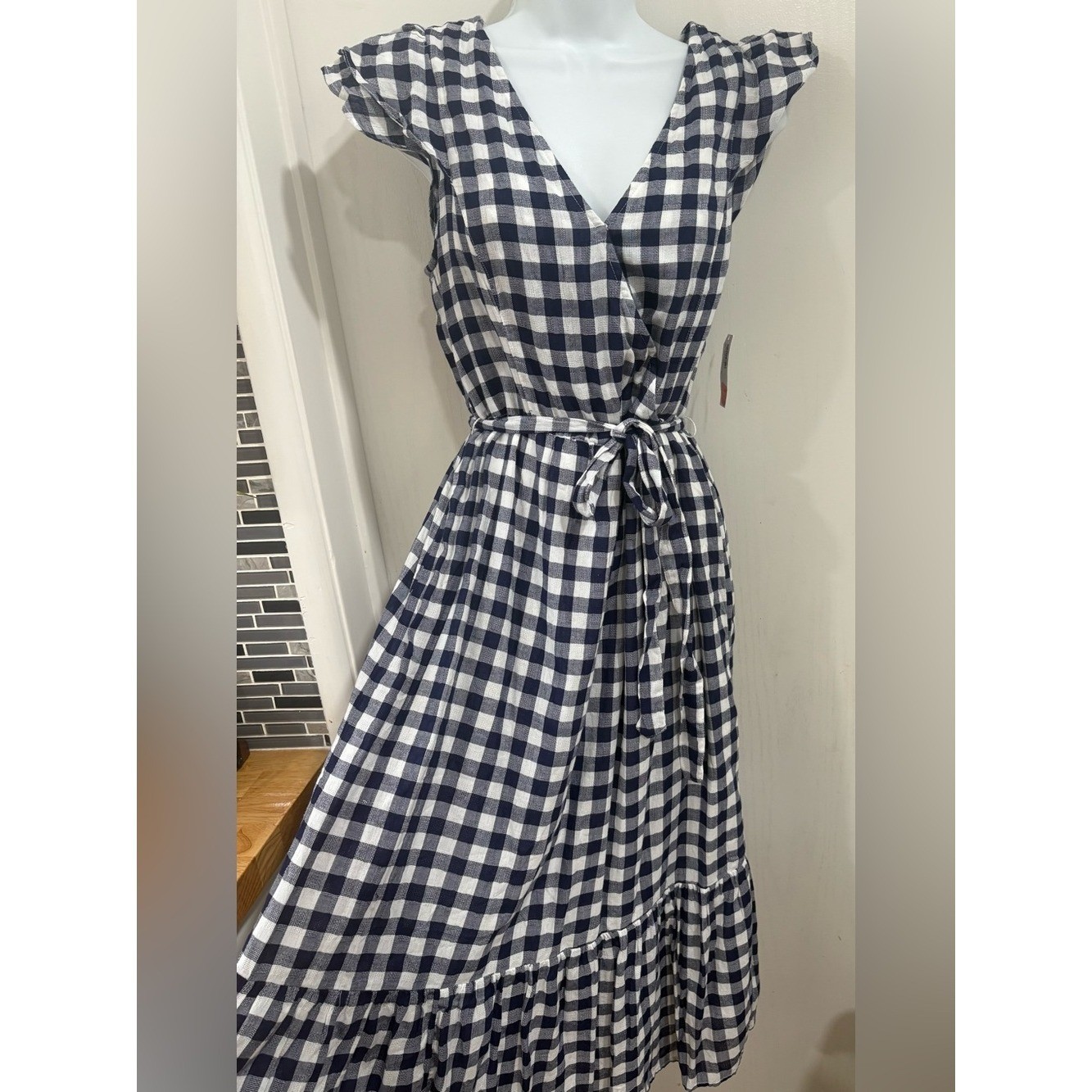 Western cottagecore women Navy and White Gingham Wrap Dress with Tie Waist
