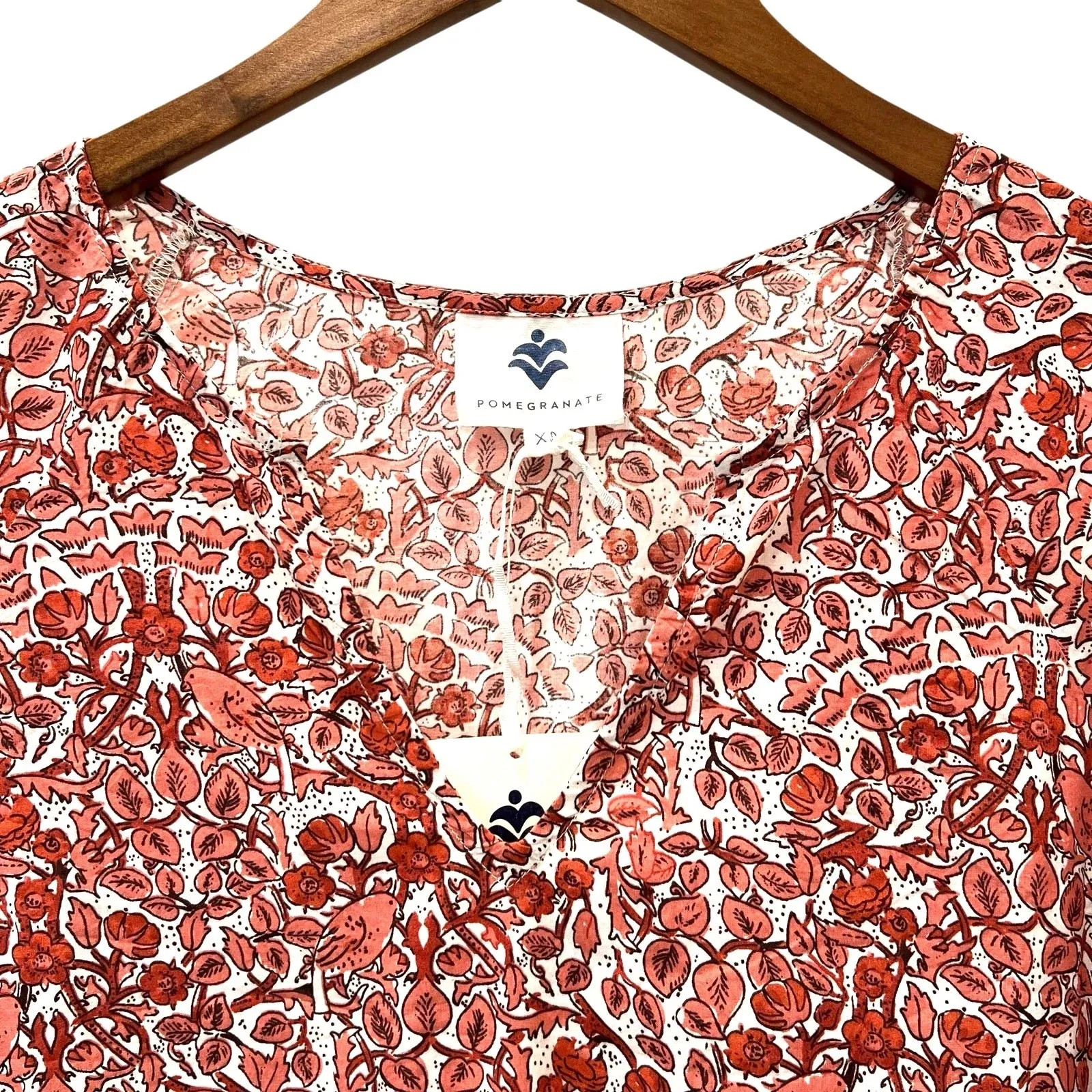 Pomegranate Kaftan Caftan Dress Womens XS Orange Bird Floral Long Cotton Boho