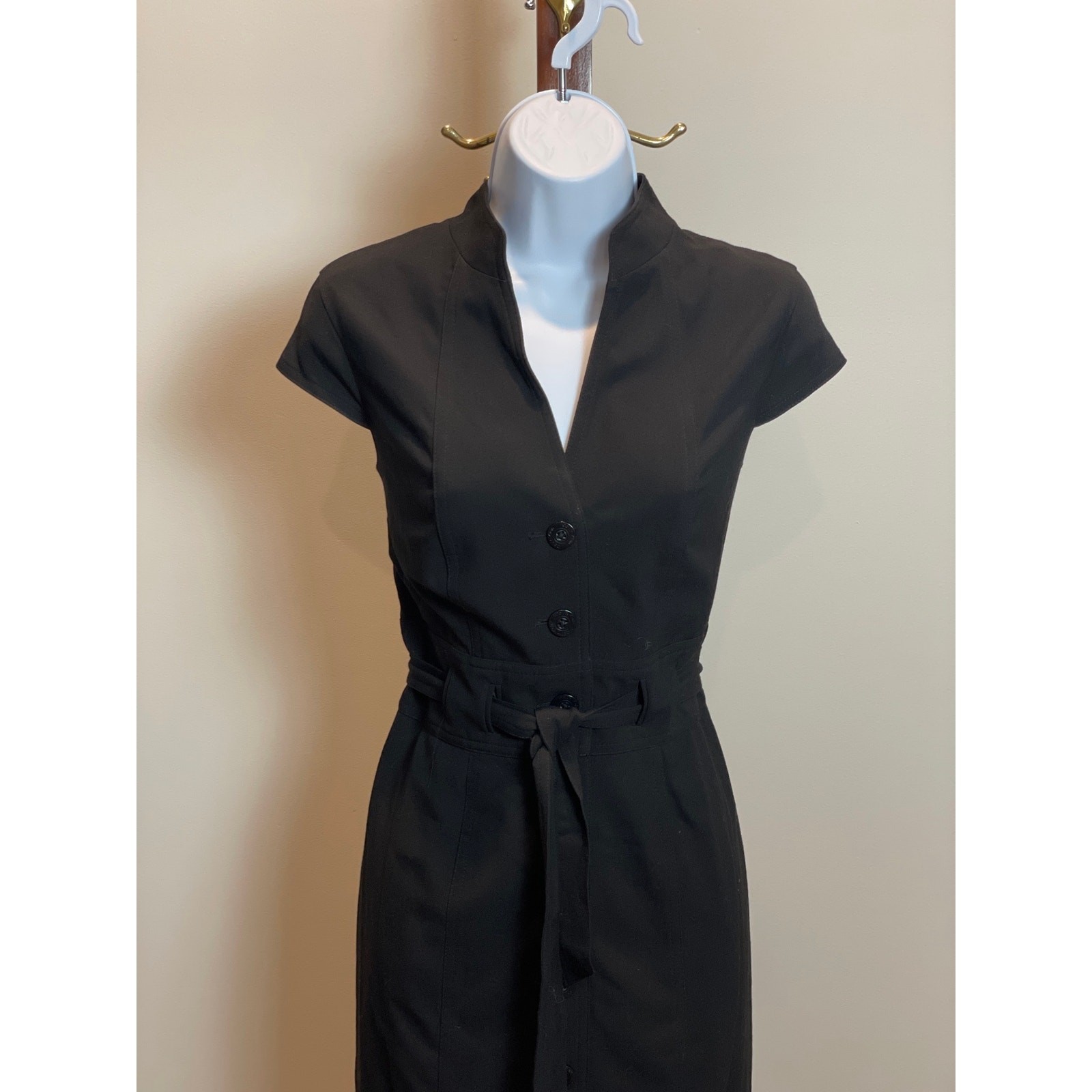 Calvin Klein Black Button Down Tie Waist Sheath Dress Cap Sleeves Size S