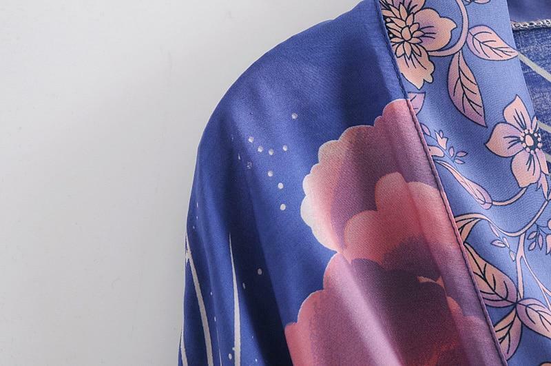 Purple Floral Moon Sky Cloud Print Boho Short Kimono Batwing Sleeve Robe