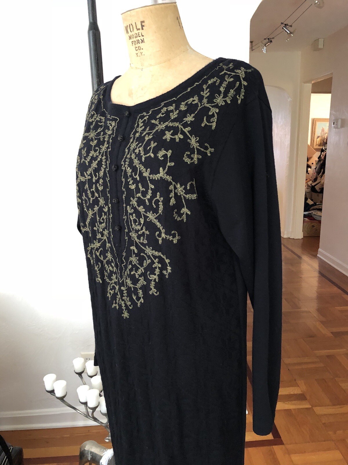 Metallic Gold Embroidered Black Acrylic Wool Knit CAROLE LITTLE Sweater Dress L