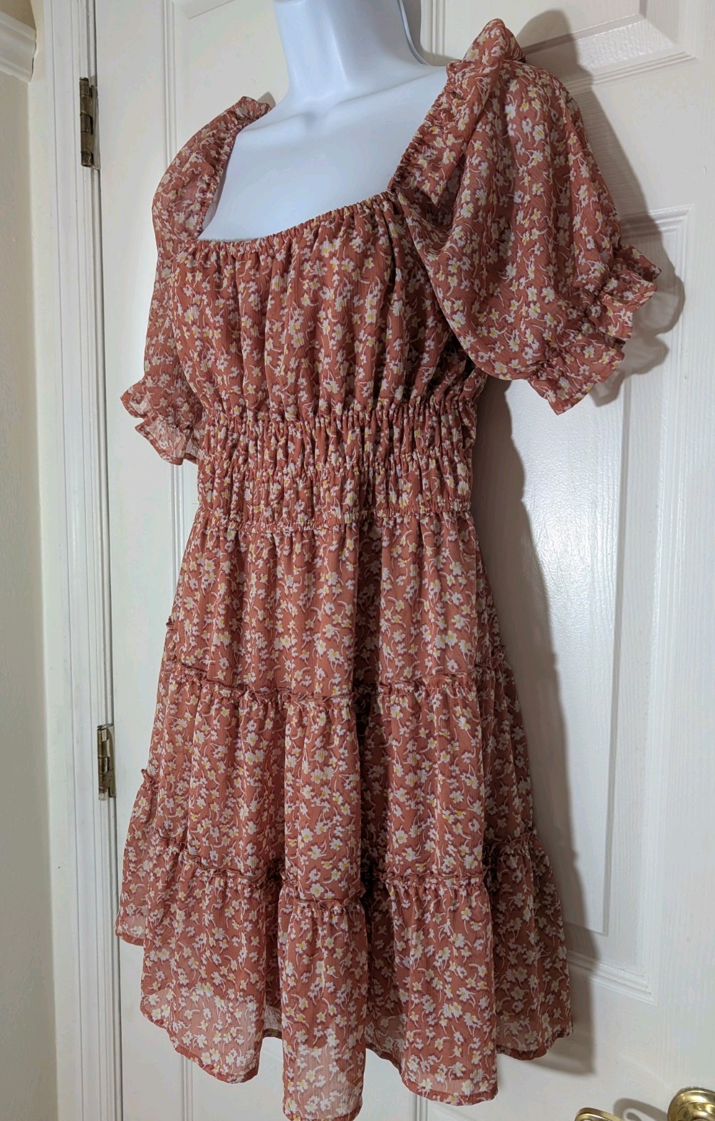 Trixxi Floral Smocked Puff Sleeve Square Neck Mini Dress Pink/Peach Size Large