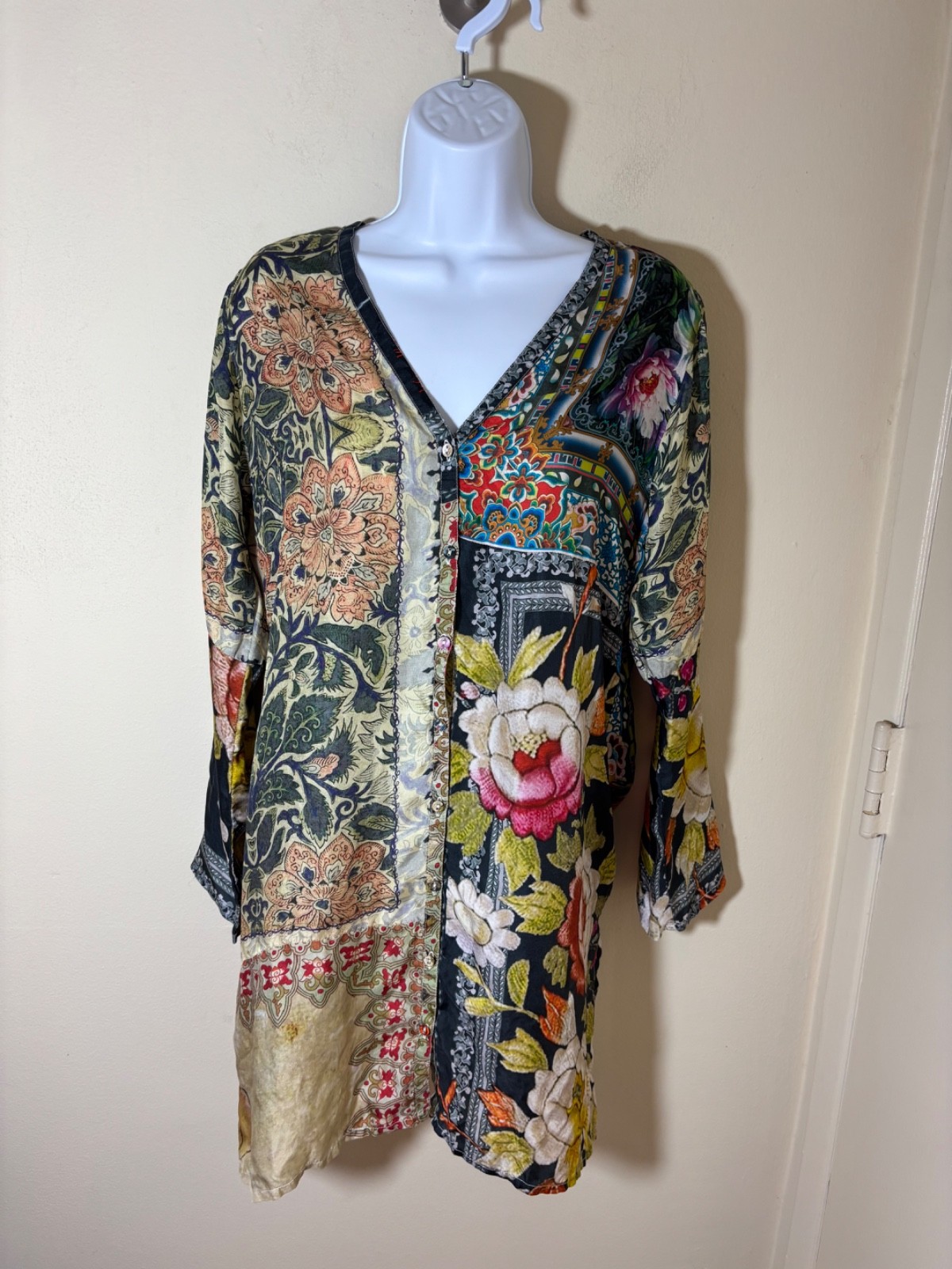 JOHNNY WAS Silk FLORAL PATCHWORK Art to Wear LAGENLOOK Boho TUNIC MINI Dress PS