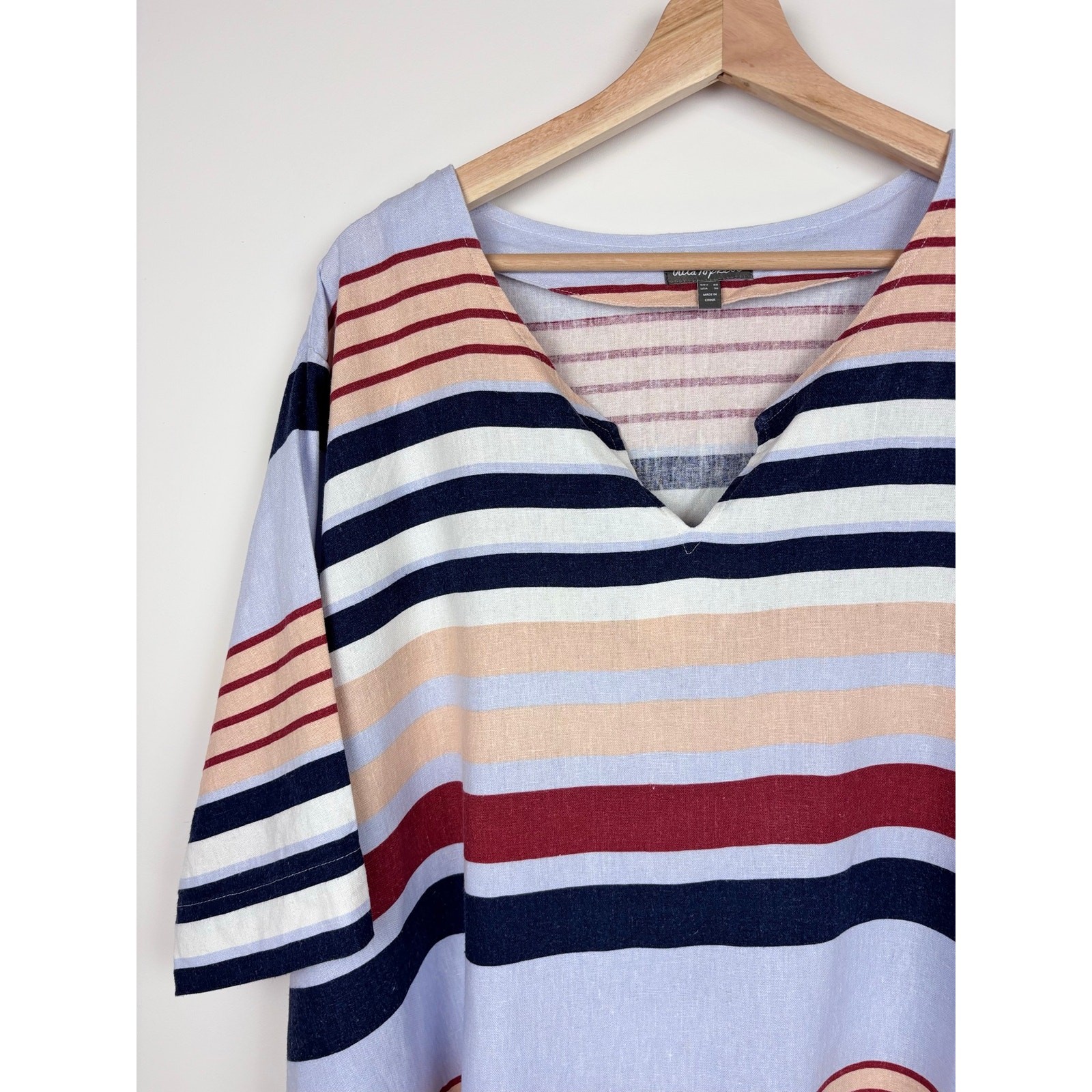 Ulla Popken Plus Size 30 Striped Linen Viscose Tunic Dress Blue Navy Red