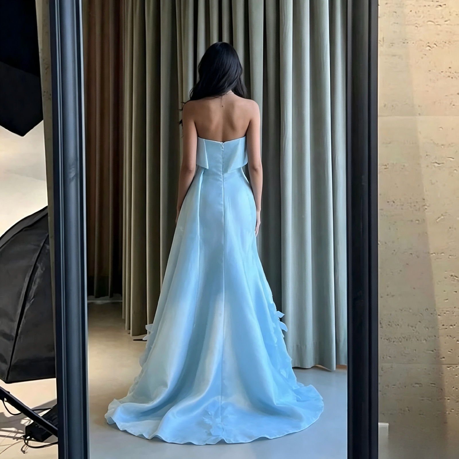 Strapless Light Blue Satin Mermaid Formal Gown 3D Floral Cape Evening Dresses