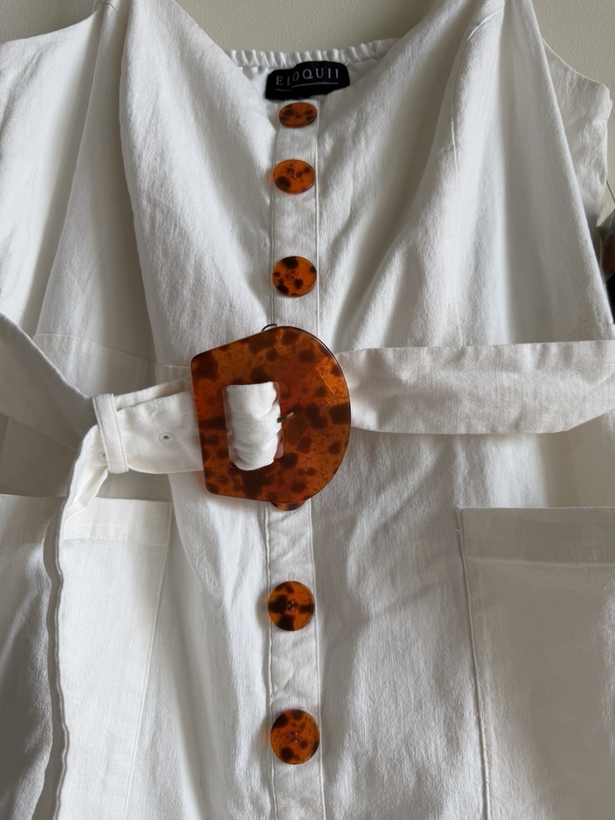 NWT Eloquii White Button Front Midi Dress Belted Tortoise Buckle Pockets Size 18
