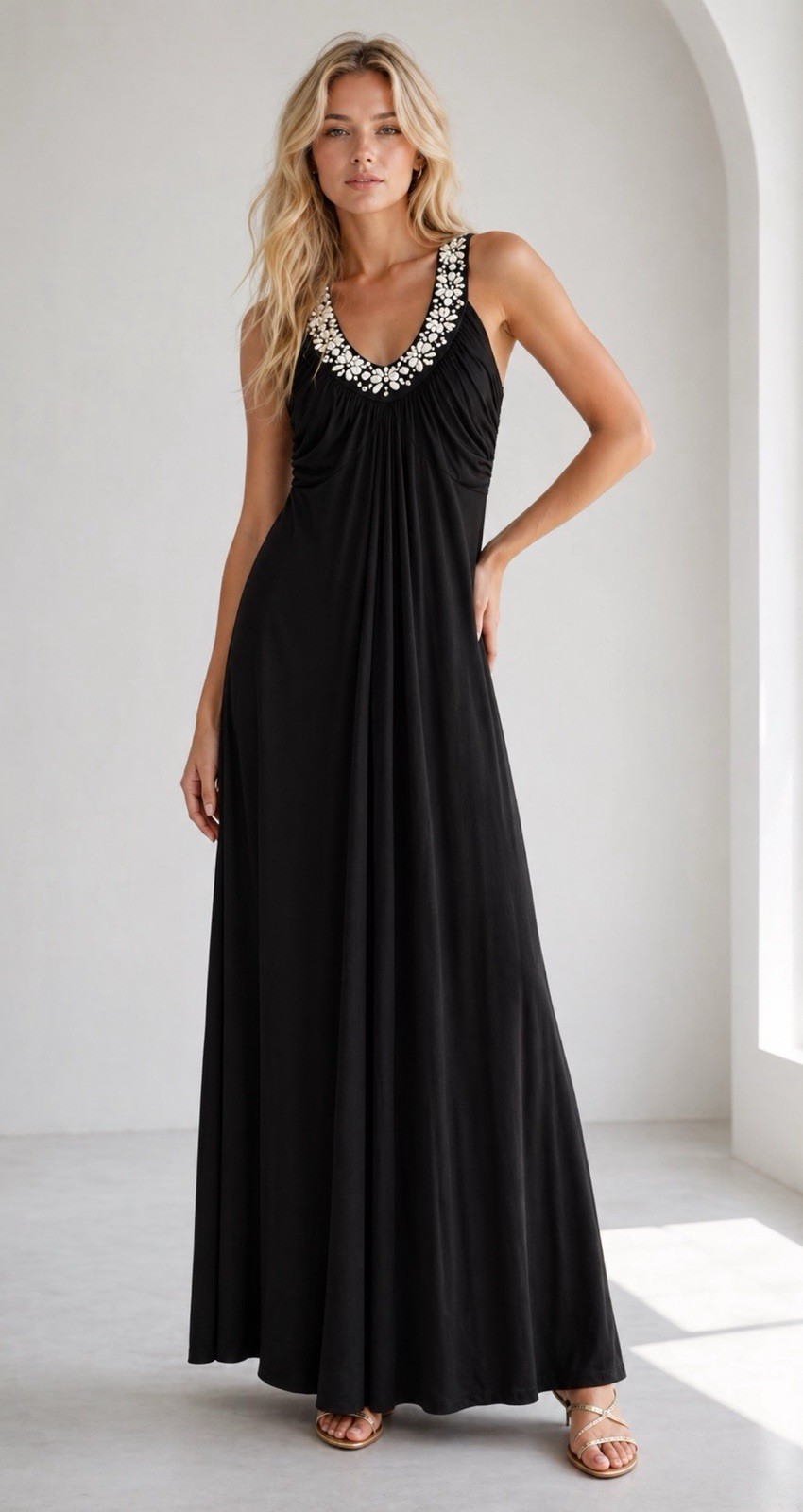 Soft Surroundings Black Beaded Maxi Dress Size XS Elegant Summer Party Event NWT