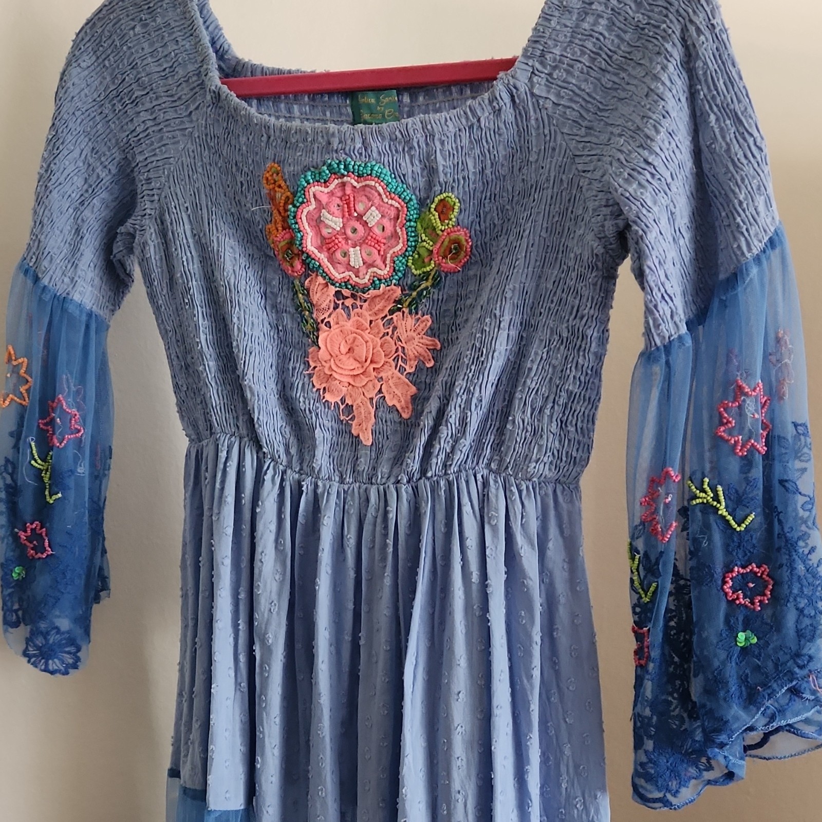 Antica Sartoria Blue Beaded Embroidered Mesh Floral Dress – One Size fits most