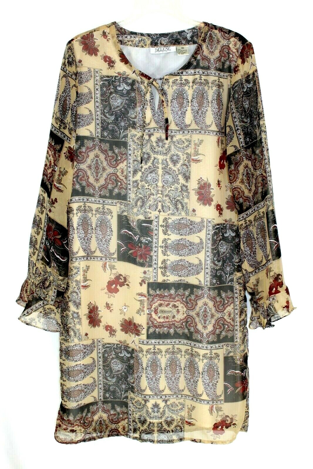 Selene Sport Womens M Sheer Lined Tan Paisley LS @ Knee NO STRETCH Shift Dress