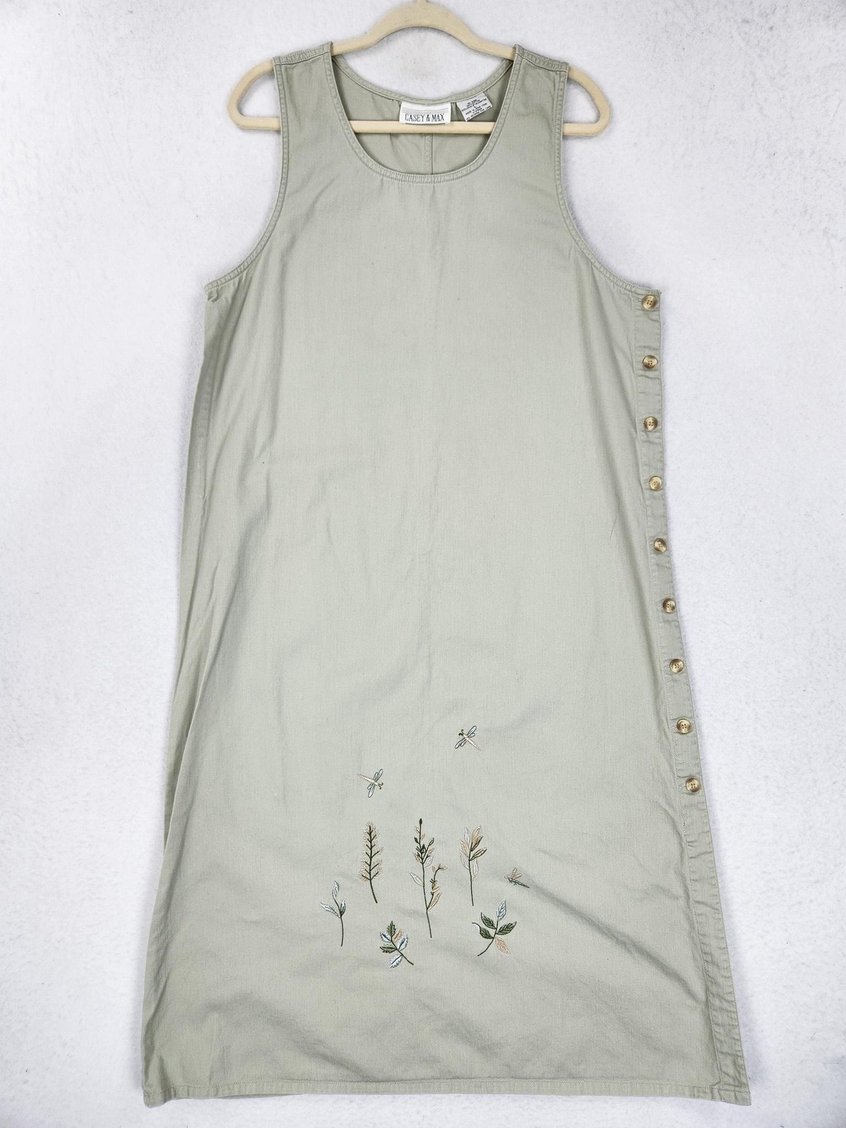 Vintage Casey & Max Dress Womens Large Beige Cotton Jumper Floral Embroidered