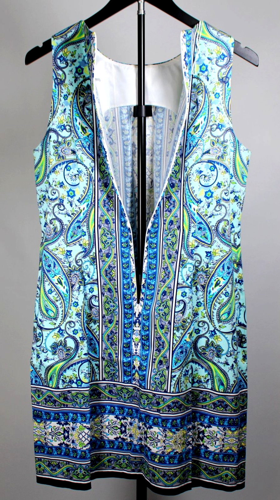 London Times Sleeveless, Blue & Multicolor Paisley Dress, Sz 8, 28″B, 17.5″W
