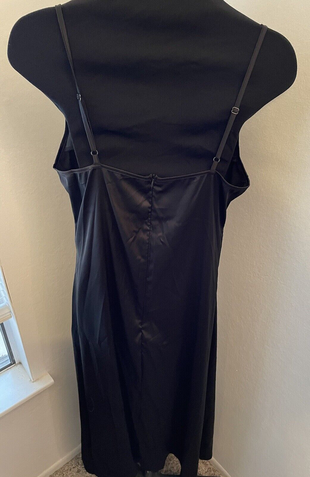Black Satin Maxi Slip Dress Cami Spaghetti Strap Slit Cocktail evening Size L