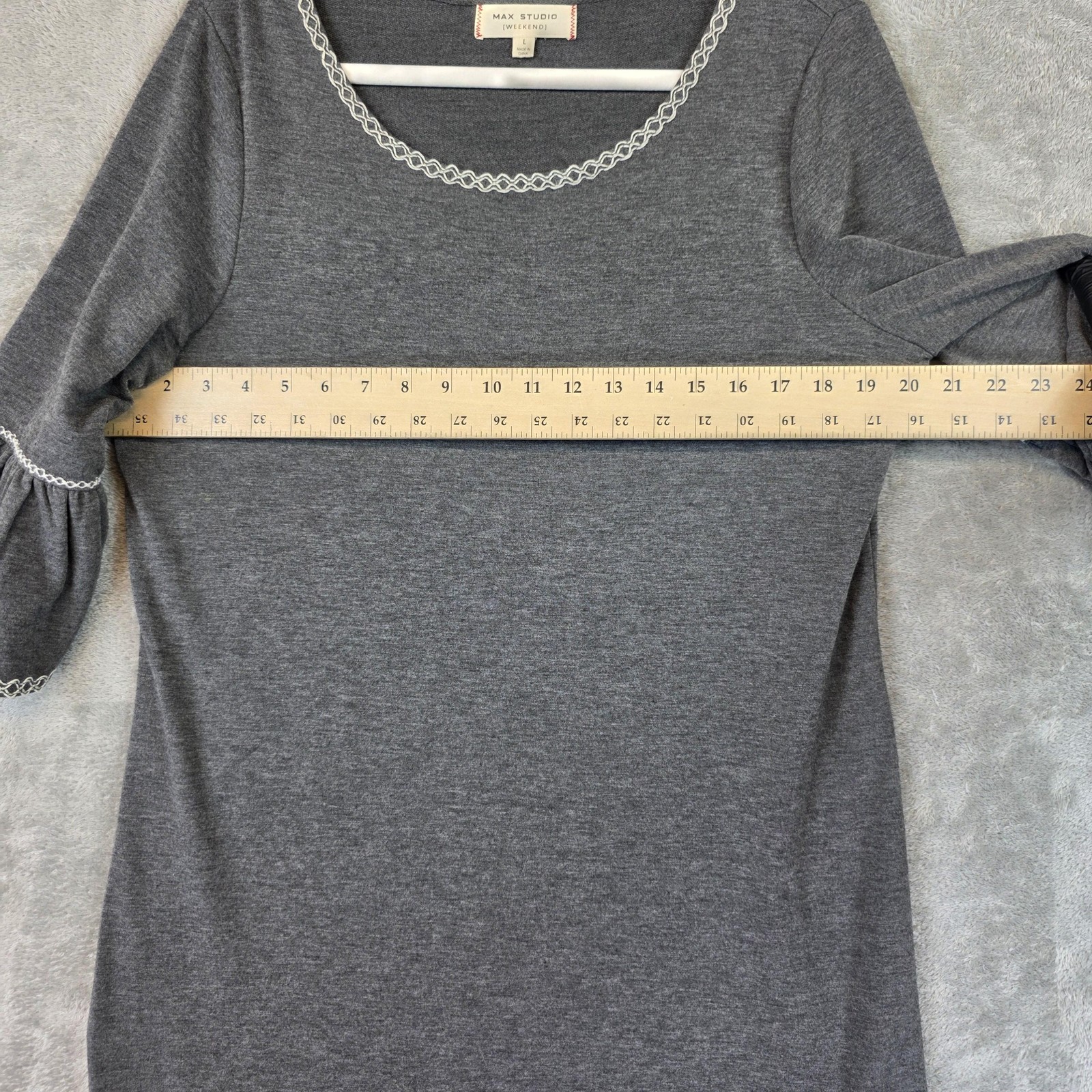 Max Studio Weekend Dress Womens Large Gray Bell Sleeve Shift Ruffle Trim