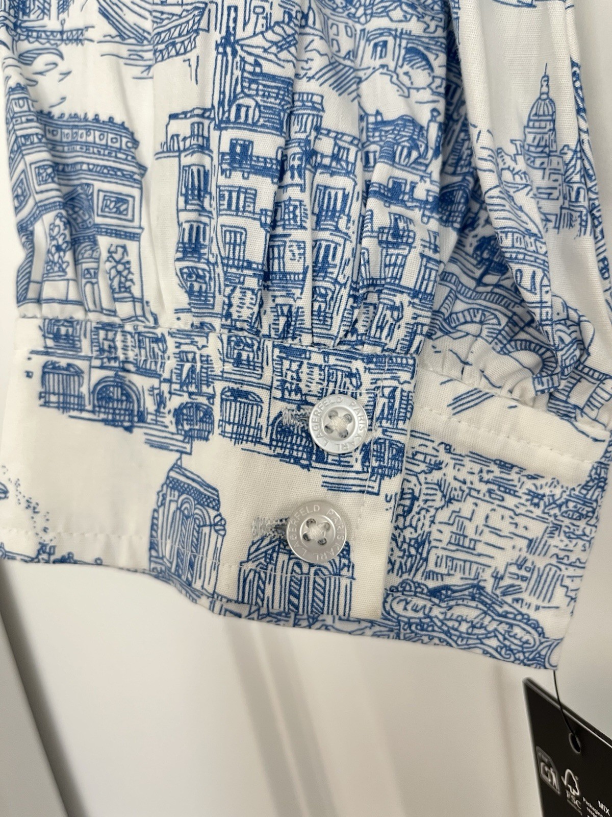Karl Lagerfeld Paris White/Blue Toile Belted Shirt Dress Pockets 3/4 Sz 4