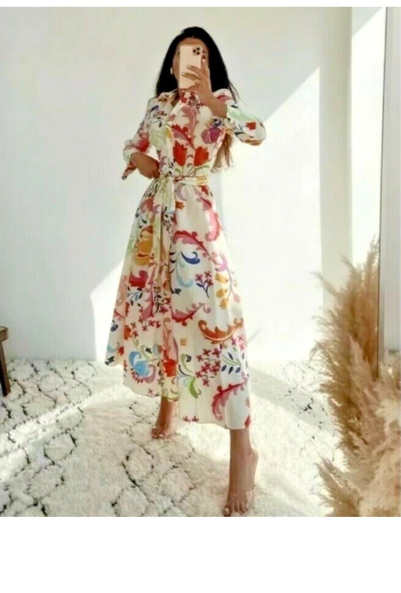 ZARA OFF WHITE MULTI Colored FLORAL PRINT Long Cotton SHIRT DRESS SZ XL Belted