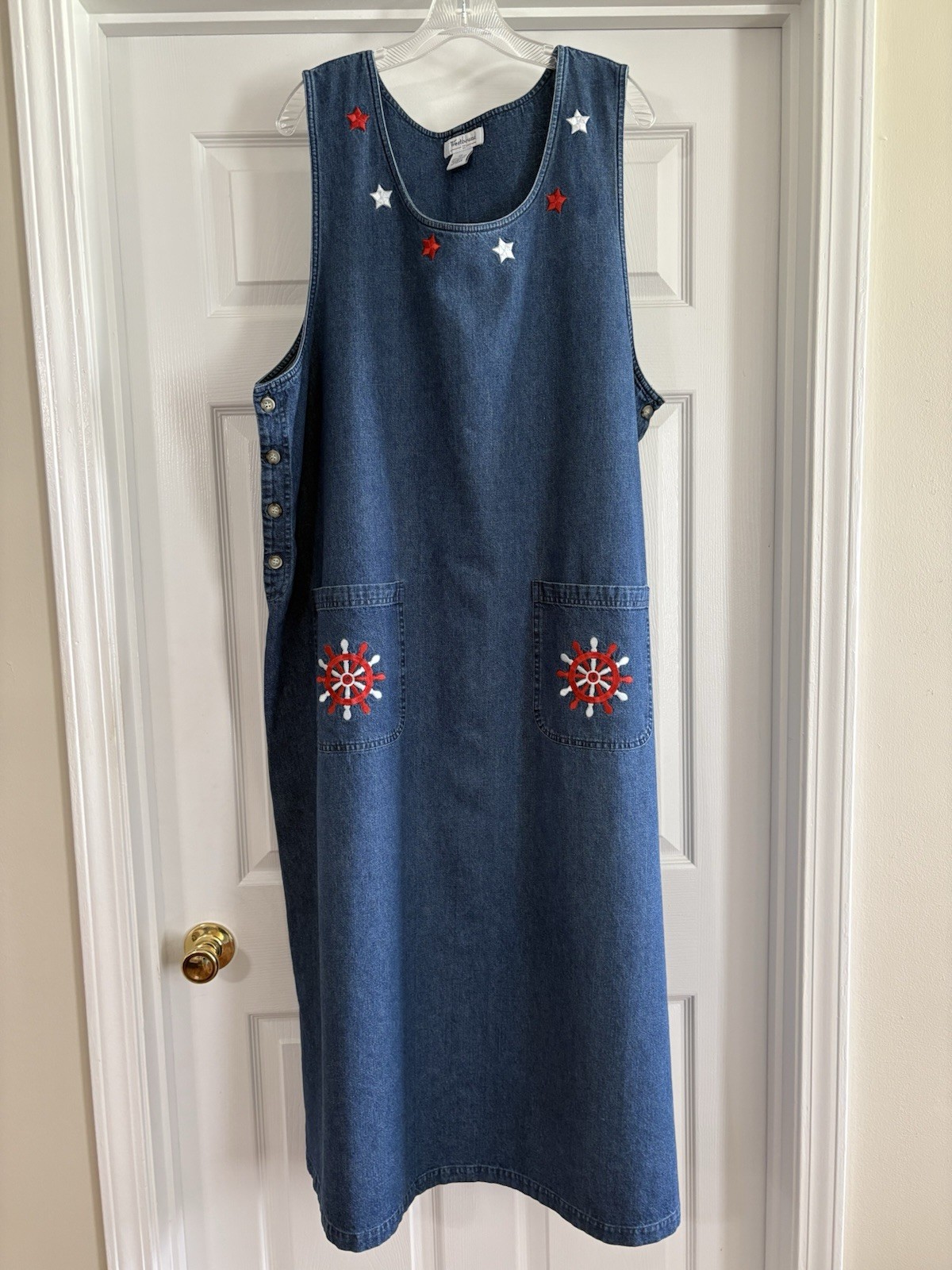Vintage Westbound 2X Jumper Maxi Dress Embroidered Denim Star Patriotic Nautical