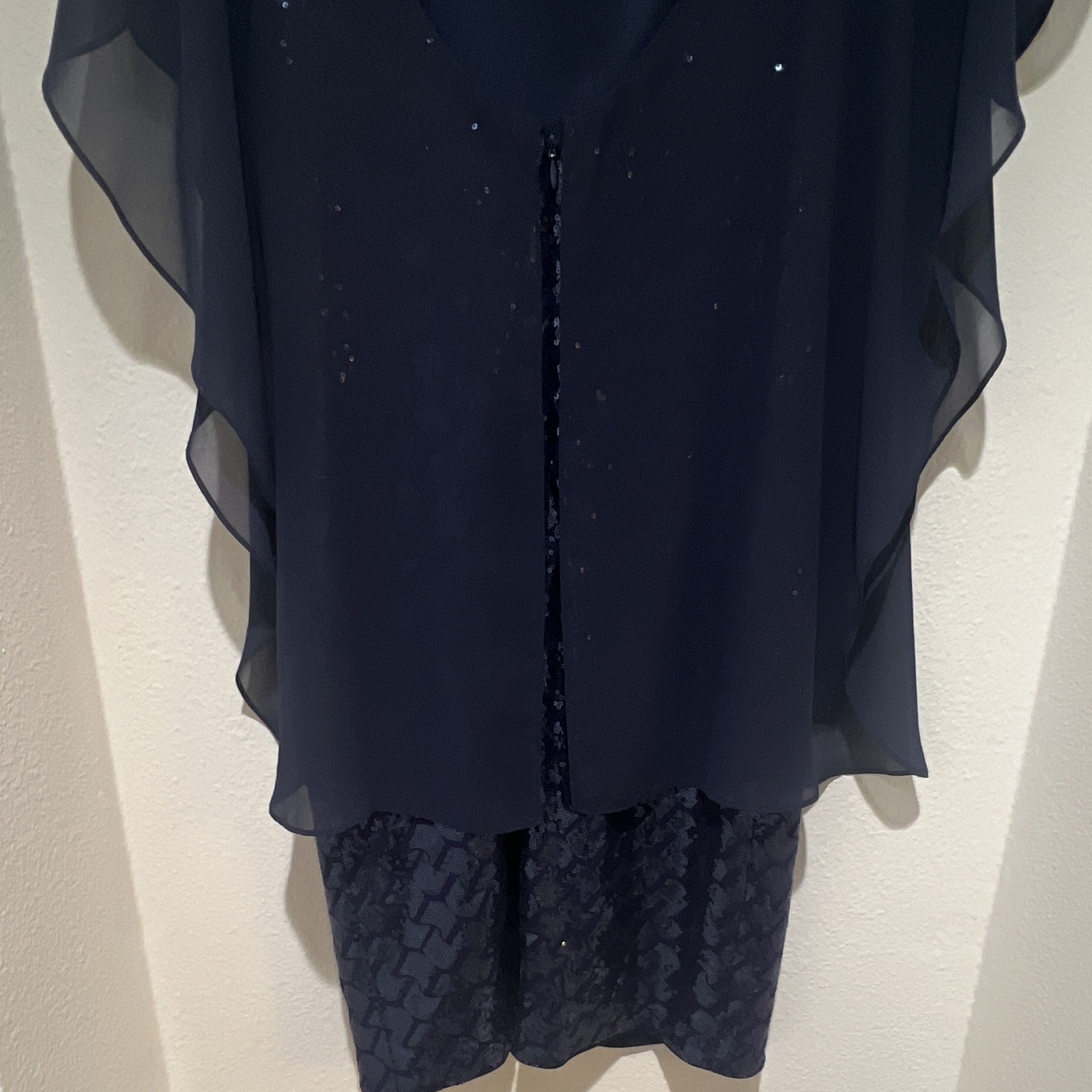 Laundry By Shelli Segal Navy Sequin Chiffon Overlay Sheath Scoop Knee 6
