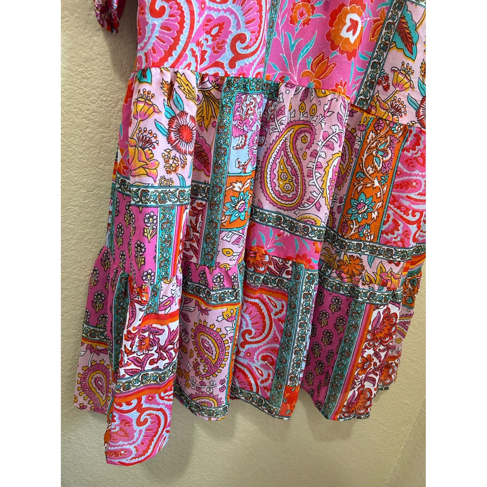 Soft Surroundings Pink Paisley Patchwork Tiered Midi Dress Petite Size XL Puffy