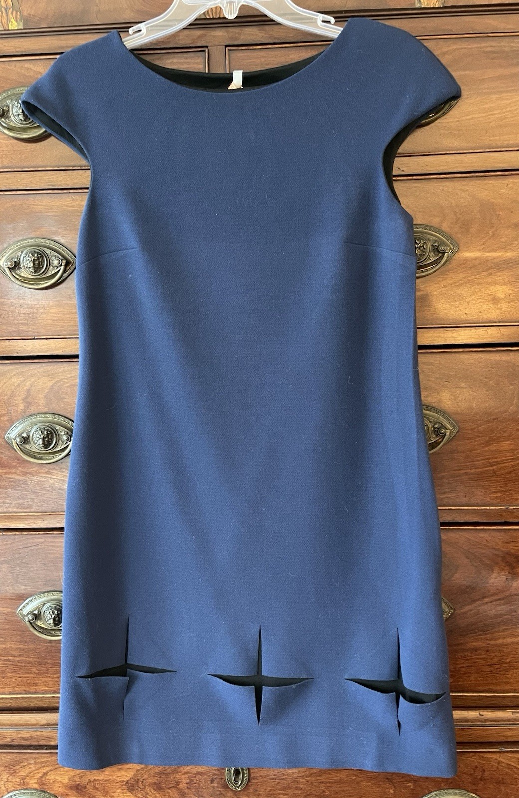 Cop Copine navy sheath dress Sz 36 (S) X cutouts at hem Fresh dry clean