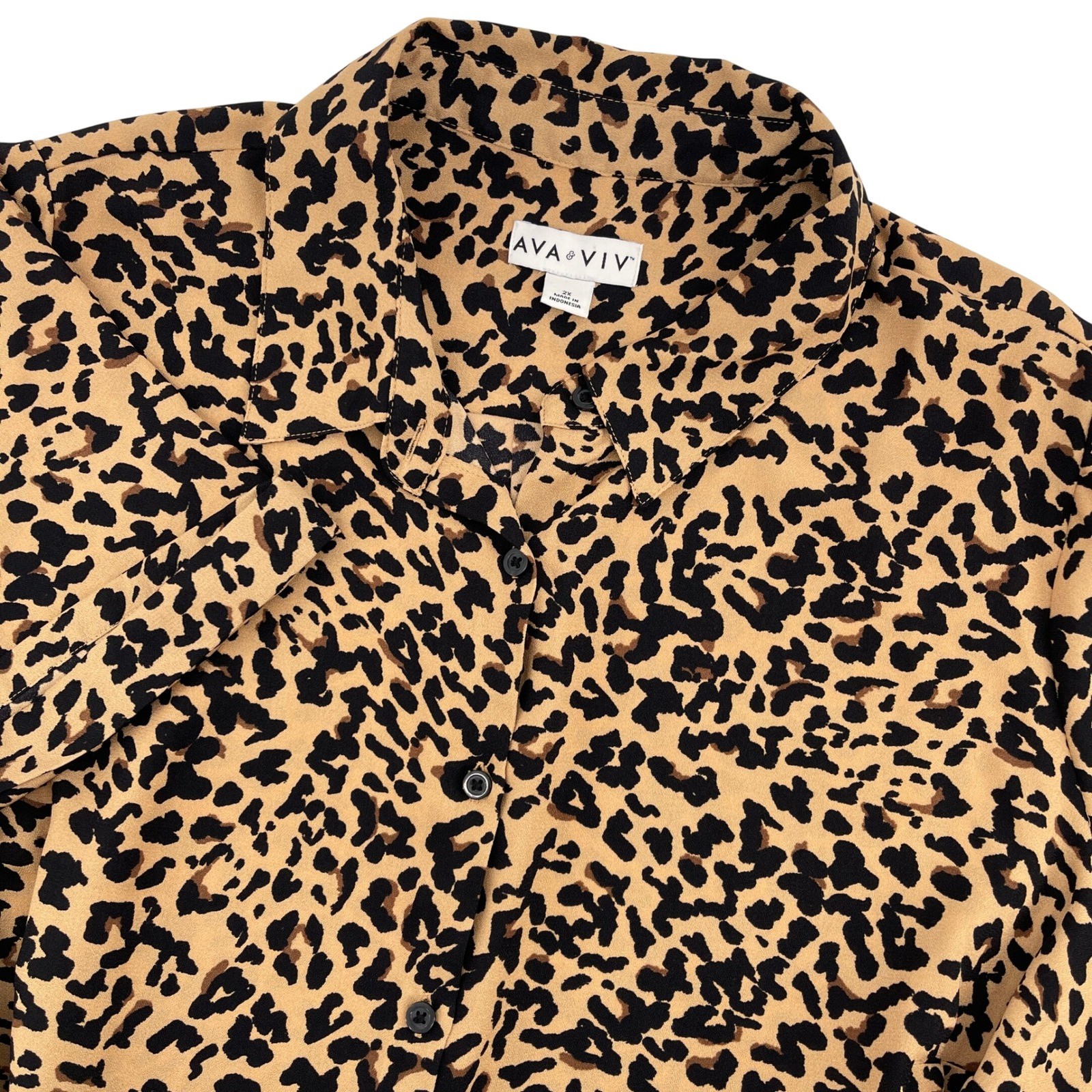 AVA&VIV Women’s 2X Leopard Print Button Front Shirt Dress Tie Waist Short Sleeve