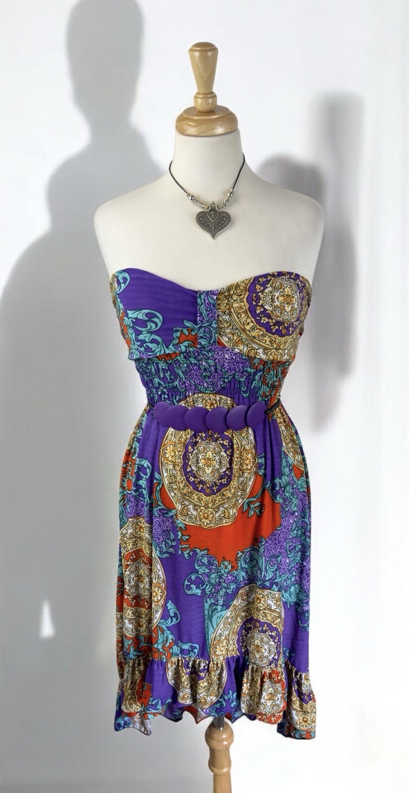Purple Strapless Flower Belted High Low Sun Dress Semi Sheer Boho Hippie Artsy M