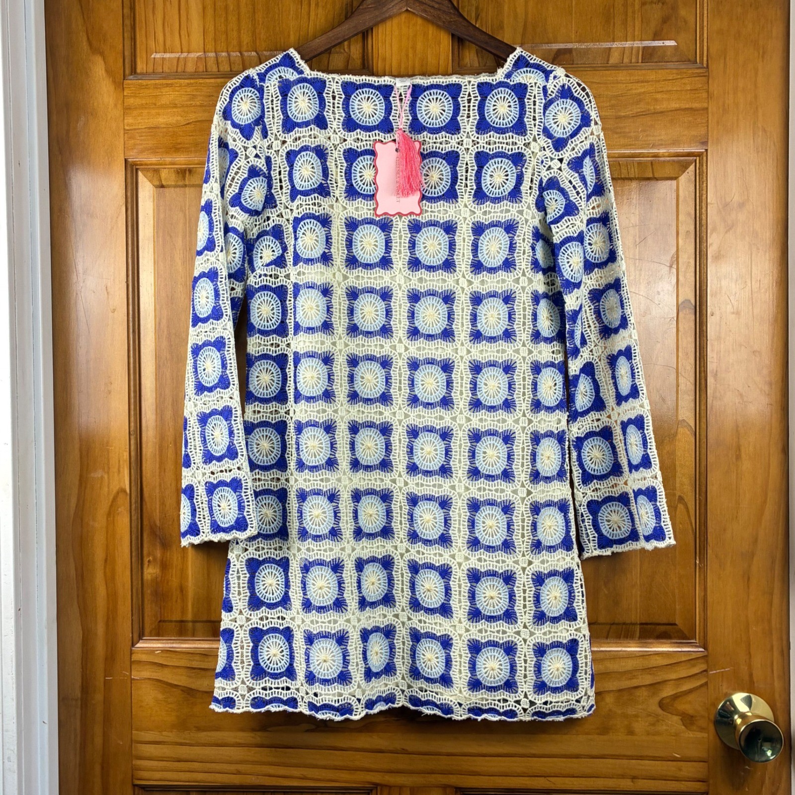Chelsea & Violet Crochet Granny Square Mini Dress XS Long Sleeve NWT Cotton Slip