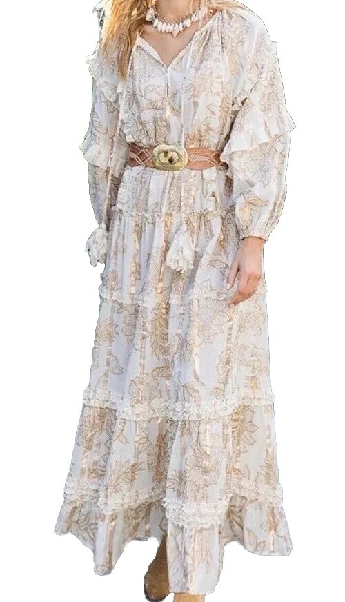 Miss June Paris Cotton Boho Chic Maxi Rose Gold Silver Lame O/S New With Tags