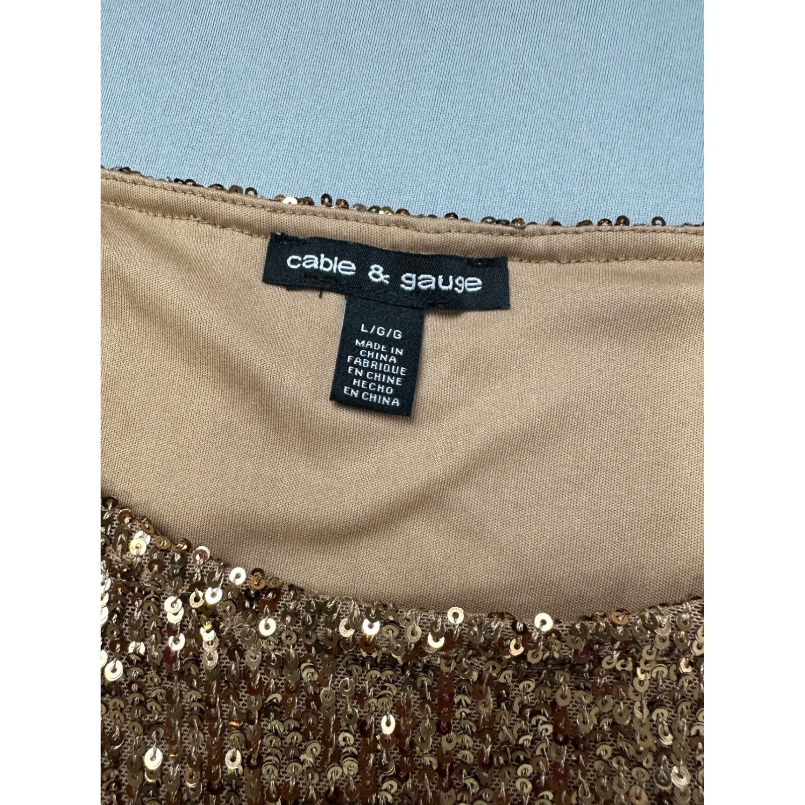 Cable & Gauge Bronze Gold Sequin Shift Dress Short Puff Sleeve Women Large