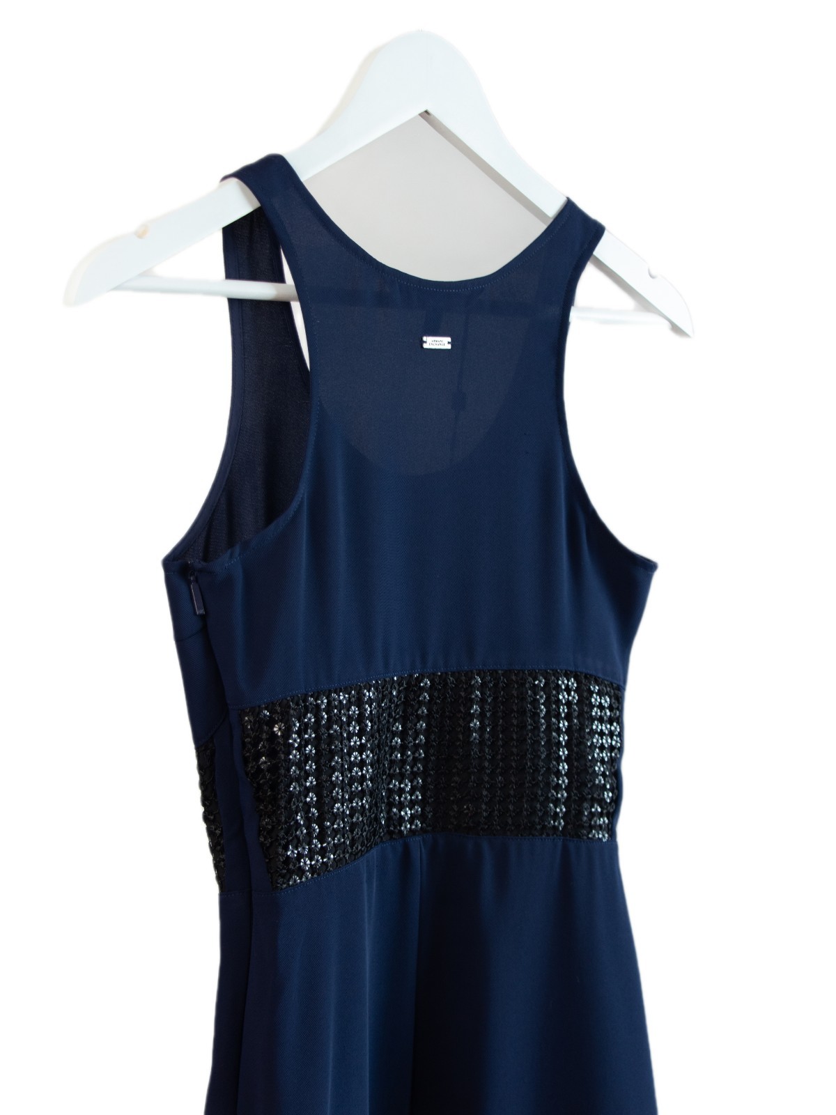Armani Exchange NWT Navy Blue Cocktail Dress Size 0 Black Sequin Waist Sleeveles