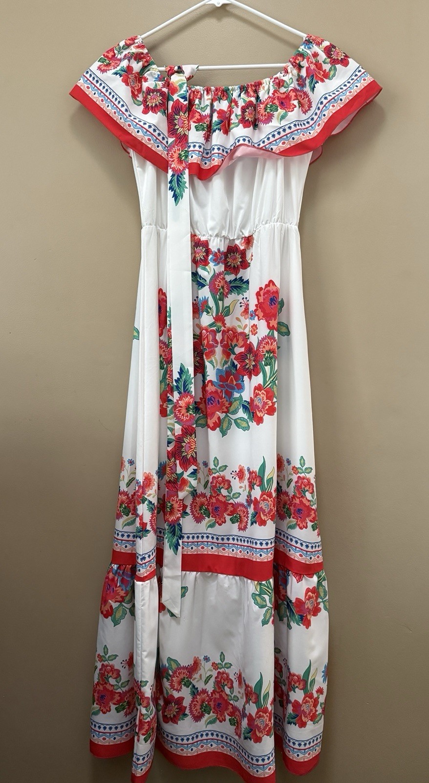 Boture Women’s White Red Blue Green Floral Off Shoulder Ruffle Midi Dress Sz M