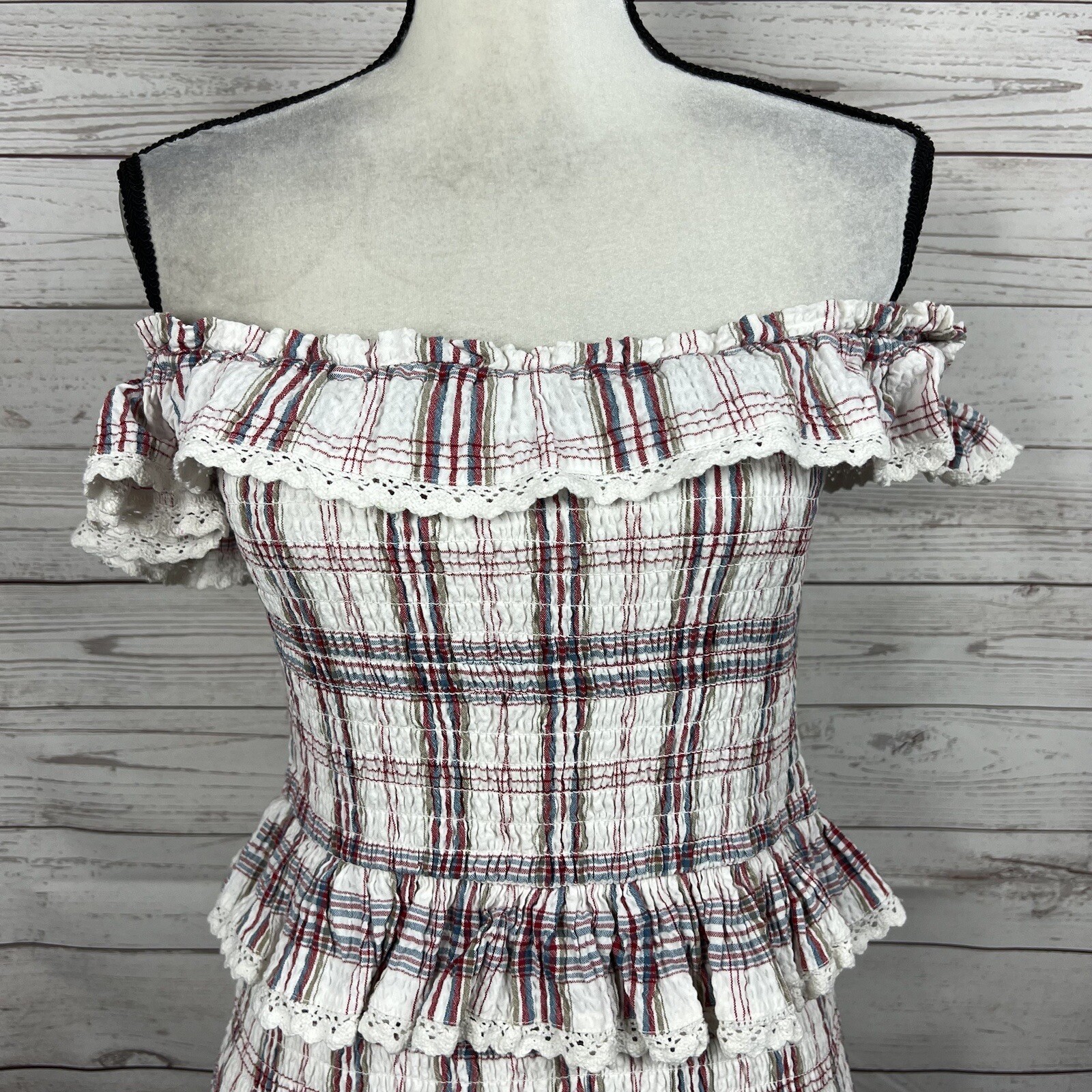 Tularosa Revolve Teri Dress Size Medium Plaid Ruffle Smocked Off Shoulder Mini