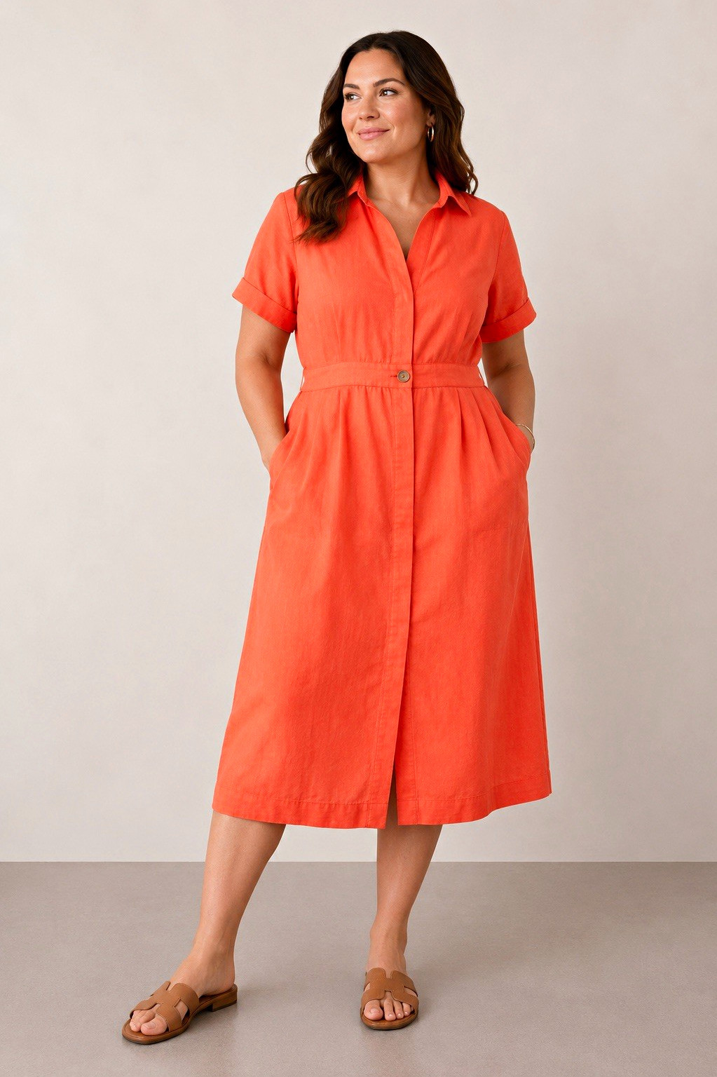 Banana Republic Orange Linen Cotton Shirt Dress Collared Button Midi Pockets XL