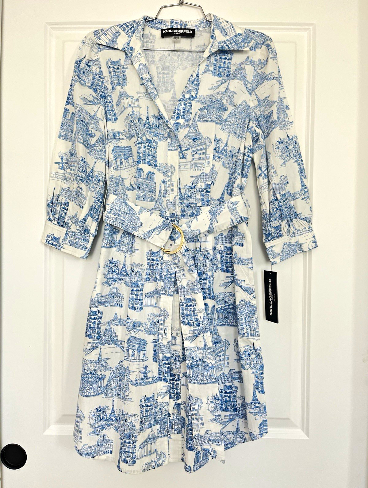 Karl Lagerfeld Paris White/Blue Toile Belted Shirt Dress Pockets 3/4 Sz 4