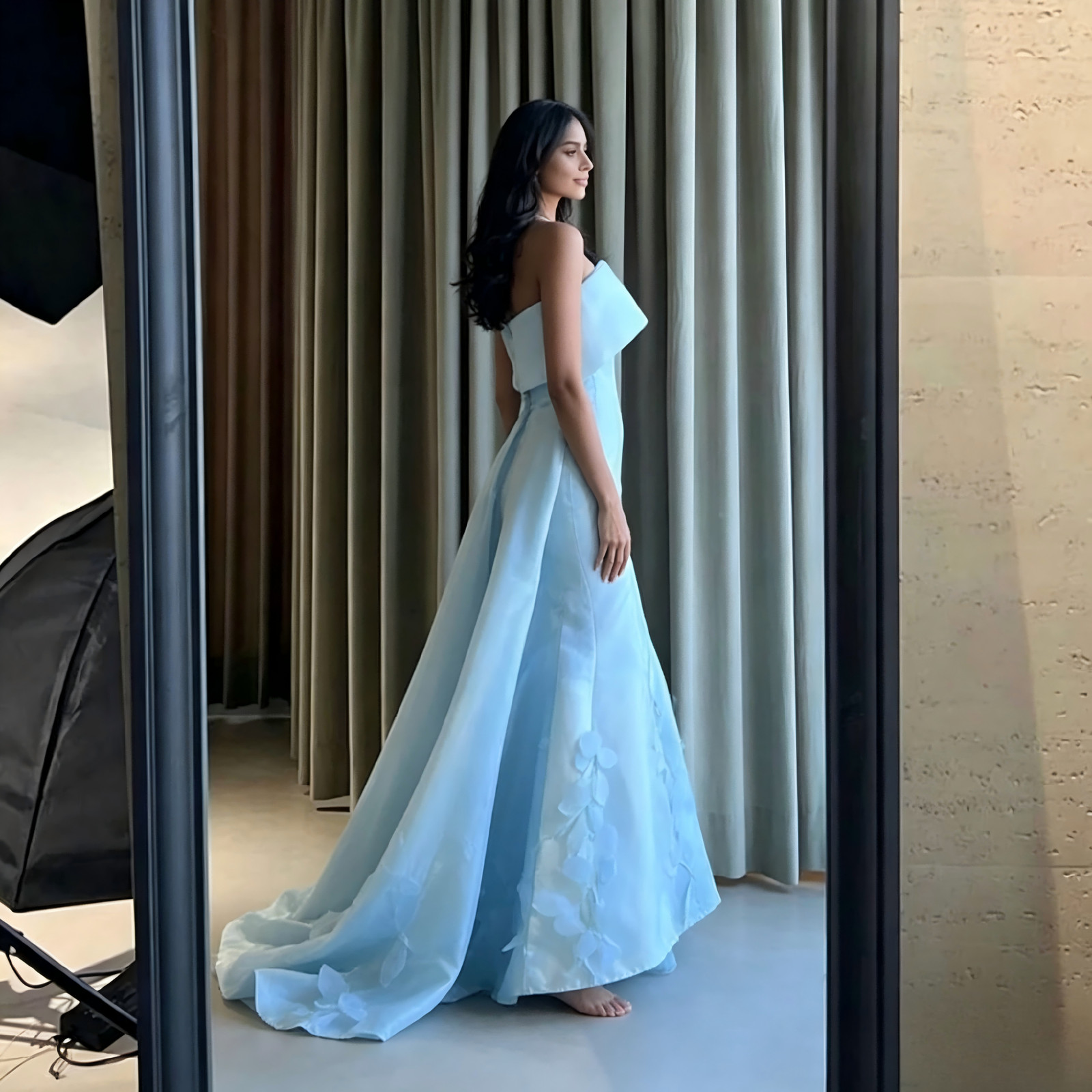 Strapless Light Blue Satin Mermaid Formal Gown 3D Floral Cape Evening Dresses